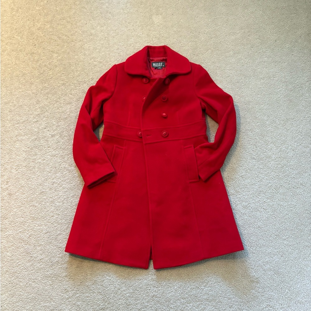 Wanko Women's Red Double-Breasted Wool Coat Size L Fully Lined